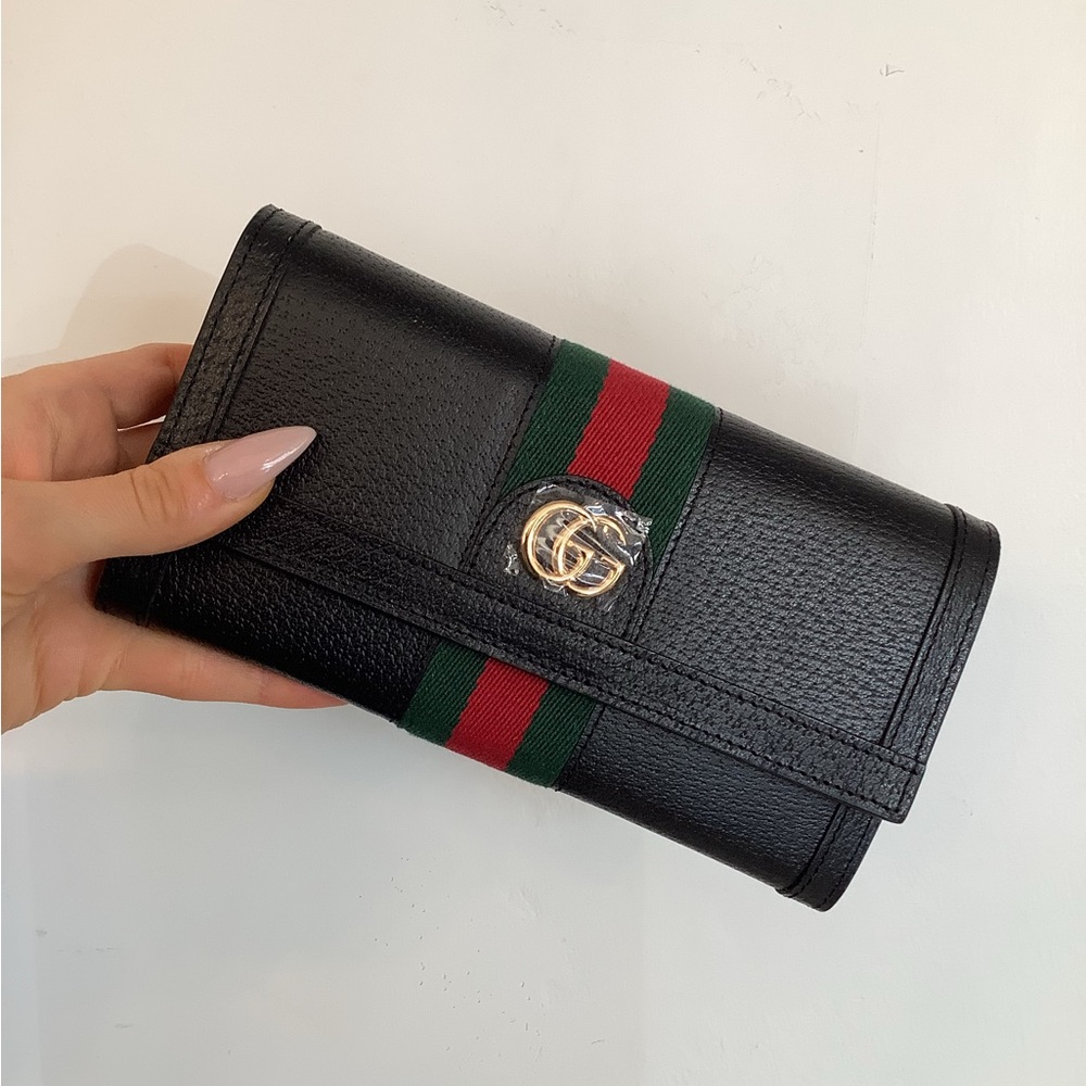 ❤️SOLD❤️ Gucci Ophidia Black Leather Clutch Wallet with Red and Green Stripes